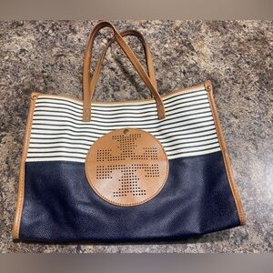Tory Burch Navy and Tan Striped Tote